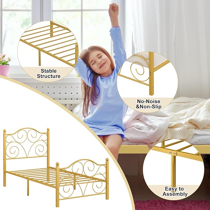 VECELO Twin Size Bed Frame with Headboard and Footboard, Heavy Duty Metal Slat Support, Platform Mattress Foundation, No Box Spring Needed, Easy Assembly, Gold