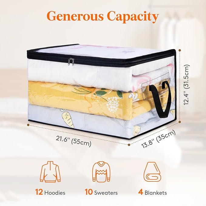 Lifewit 12 Pack Clear Clothes Storage Bags, 60L Plastic Blanket Vinyl Foldable Moving Bags with Zipper, Closet Organizers and Storage Containers for Bedding, Duvet, Pillow