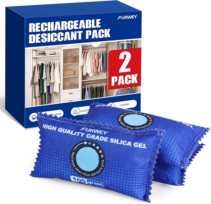 FURWEY 2 Pack Rechargeable Desiccant Packs, 100g Each, Blue, Color Indicating Silica Gel Dehumidifier Bags for Storage, Closets, Cars, Bins