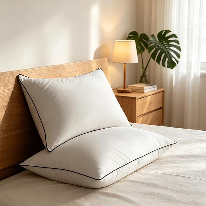 Down Pillows Standard Size Set of 2, Breathable Cotton Blend Shell Cover, Luxury Hotel Collection Bed Pillows for Sleeping, Fluffy Soft Medium Firm Down Fiber Pillows for Side Back Stomach Sleepers