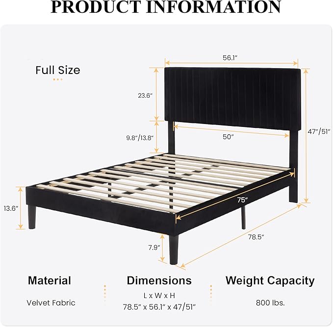 SHA CERLIN Full Upholstered Platform Bed Frame with Adjustable Headboard/Vertical Channel Tufted Velvet Fabric/Wooden Slats Support/Mattress Foundation/Box Spring Optional/Black