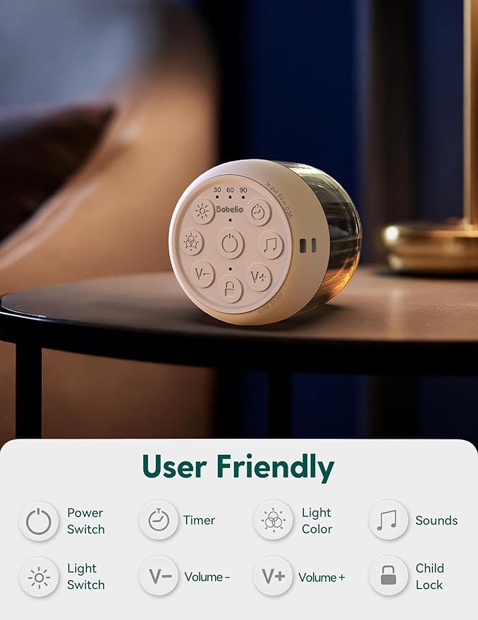 Babelio Pocket Glow White Noise Sound Machine - Upgraded 7 Color Night Lights, 20 Non-Looping Sounds, Timer & Memory Function, Portable for Adults & Babies, Black