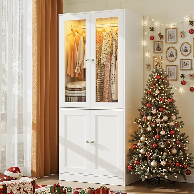 VOWNER 75" Tall Armoire Wardrobe Closet with Drawers & Lights, Clothing Storage Cabinet with 2 Glass Doors & Hanging Rod, Wooden Armoire Storage Cabinet for Bedroom (White, 75''H)