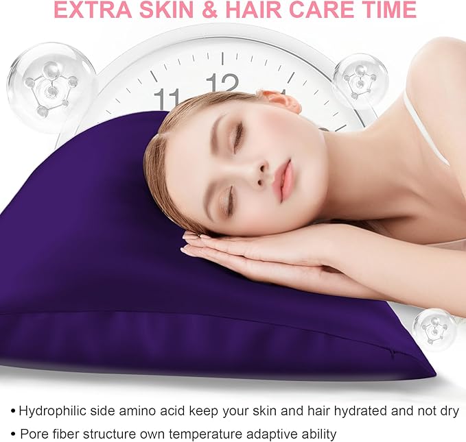Silk Pillow Cases 2 Pack Queen Size with Hidden Zipper, Mulberry Silk Pillowcase for Hair and Skin, Smooth and Soft Breathable Cooling Silk Satin Pillowcase Set of 2, Gifts for Women，Purple