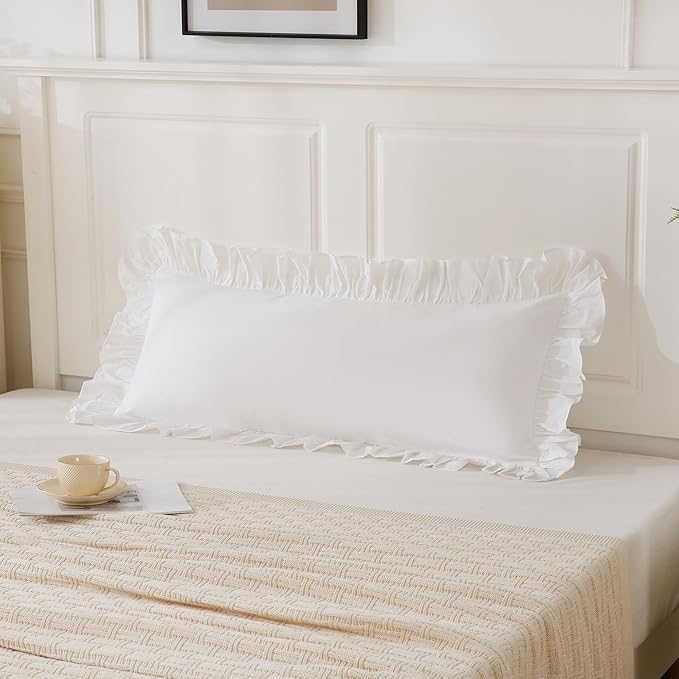 14x36 inches Off White Ruffled Lumbar Pillow Cover 1 Piece, Pure Washed Cotton Soft Decor Pillowcase Farmhouse Vintage Cushion Cover for Bed Livingroom