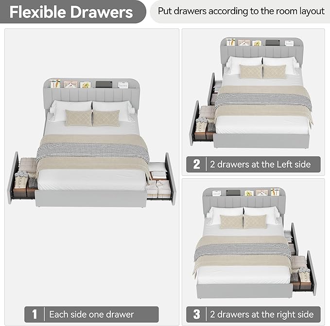 IDEALHOUSE Queen Bed Frame with 2 Flexible Drawers and Bookcase Headboard, Boucle Upholstered Platform Bed for Boys/Girls, Noise-Free, Easy Assembly, No Box Spring Needed, Gray