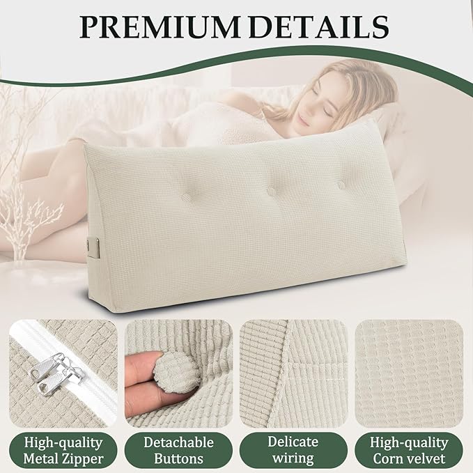 Huatean Home Soft Headboard Pillow Twin Size, Wall Backrest Wedge Pillow Headboard Twin XL, Reading Backboard Pillows, Large Dorm Daybed Bolster Pillows for Back Support with Removable Cover, Beige