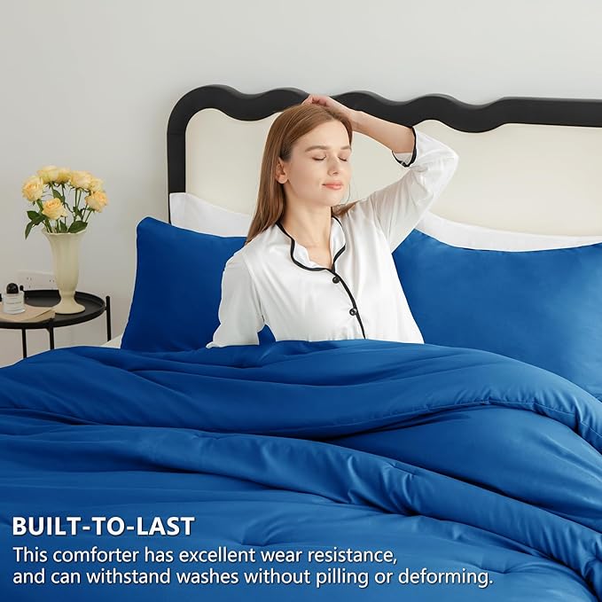 CozyLux Full Size Comforter Set Classic Blue, 3 Pieces Solid Breathable Quilted Bedding Sets, Luxury Lightweight Soft Bed Set with Down Alternative Comforter and 2 Pillowcases for All Seasons