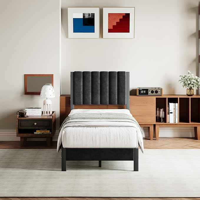 Avenco Twin Size Bed Frame with Velvet Upholstered Piano Keys Headboard, Metal Platform Bed Frame with Metal Slats for Bedroom, Black