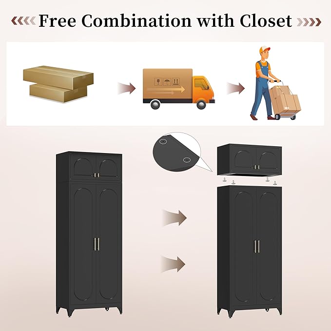 86" Metal Wardrobe Cabinets,Black Armoire Wardrobe Closet with Hanging Rod,Clothes Storage Cabinet with Adjustable Shelves and Doors,Clothing Cabinet for Bedroom, Office, Laundry Room