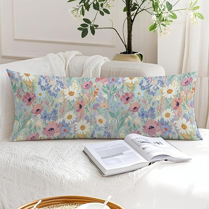 Spring Floral 20x54 Body Pillow Cover, Spring Home Room Decor, Pastel Cottagecore Botanical Wildflower Decorative Long Body Pillow Cases for Bed Couch
