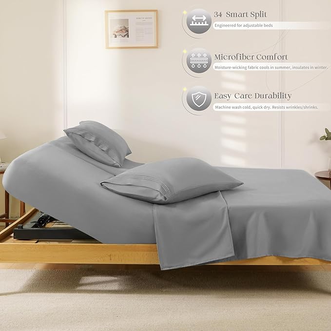 Manyshofu 4 Piece Split Head King Sheets Sets for Adjustable Bed Sheet, Flex Head Split Top King Sheets Grey Sheet Set - 1800 Thread Count Bedding Set with 14-16 Inch Deep Pockets