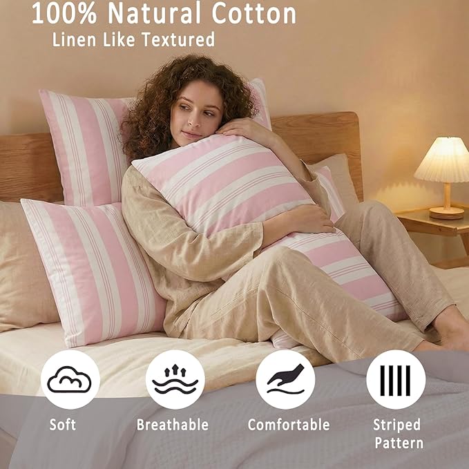 Merryword Striped Body Pillow Cover 20x54inches, 100% Cotton Long Pillowcase, Pink Striped Pillowcase, Soft Breathable Stripe Pillowcase, 1-Piece