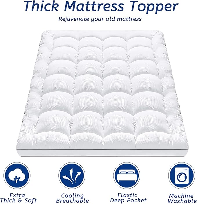 Full Size Mattress Topper for Back Pain, Cooling Extra Thick Mattress Pad Cover with 8-21 inch Deep Pocket, Plush Pillow Top Mattress Topper Overfilled with Down Alternative, Full Size, White