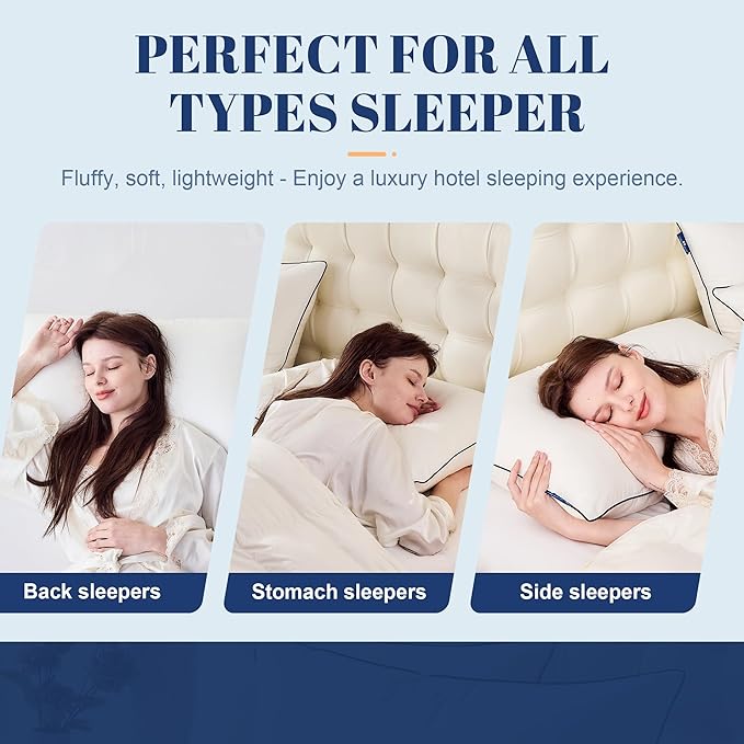 Feather Down Pillows Queen Size Set of 2, Luxury Hotel Collection Bed Pillow 2 Pack, Airyfil™ Powered Fillings & Feathers Pillow，Fluffy Plush for Side Sleepers, Medium Firm, 20x30 in.