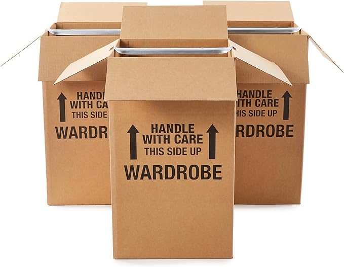Amazon Basics Sturdy Wardrobe Moving Boxes with Hanger Bar for Packing Clothes, Easy to Assemble, With Handles, 20" x 20" x 34", Brown, 3-Pack
