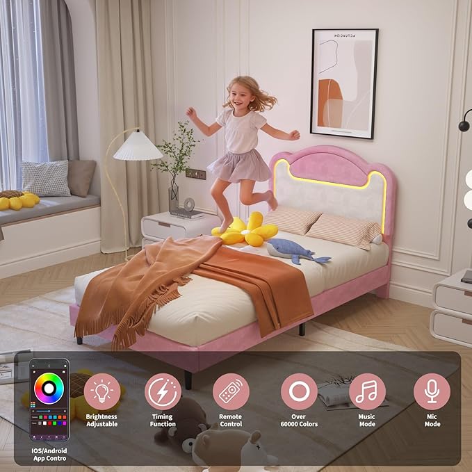 Garvee Twin Size Upholstered Bed Frame with LED Lights & Fabric Headboard, Princess Platform Bed for Girls with Wood Slats, No Box Spring Needed (Pink White)
