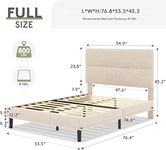 GRUSIGN Full Size Platform Bed Frame with Velvet Headboard, Adjustable Height Wooden Slats Support, Upholstered Mattress Foundation, Fits Mattress or Mattress with Box Spring, Easy Assembly, Beige