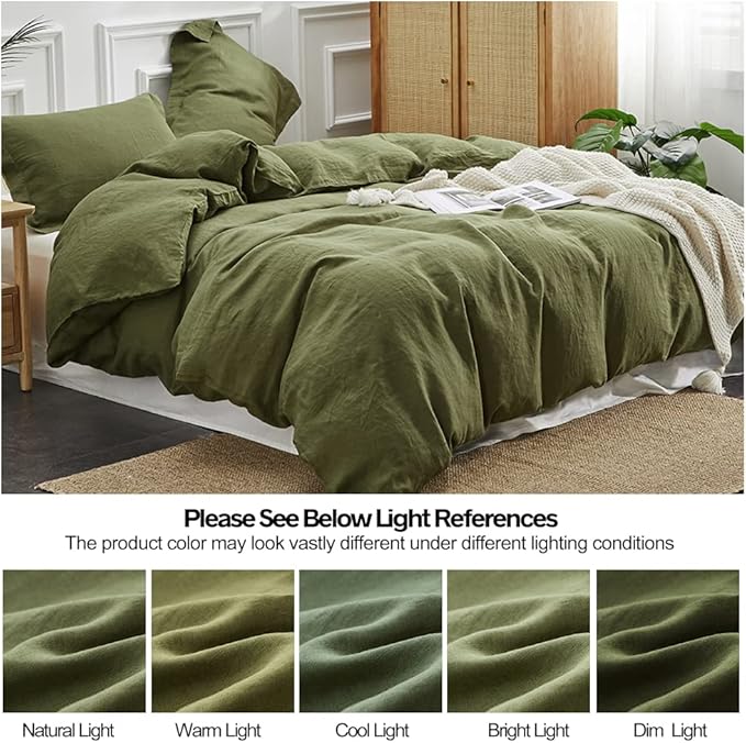 Simple&Opulence 100% Linen Duvet Cover Set 3pcs Basic Style Natural French Washed Flax Solid Color Soft Breathable Farmhouse Bedding with Button Closure - Olive Green, Full