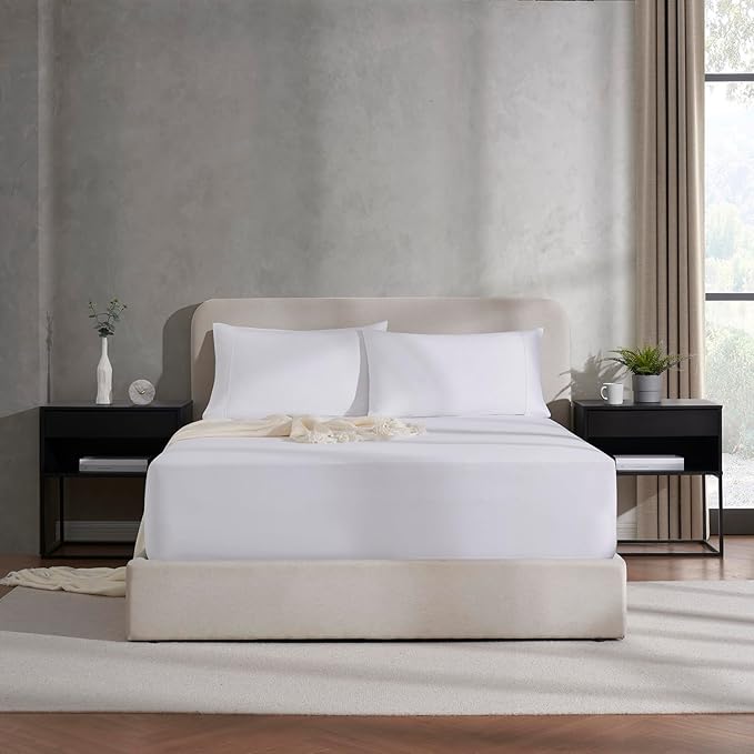 Nestl White Extra Deep Pocket Fitted Sheet Queen, Hotel Luxury Queen Fitted Sheet Only Easily Fits 18 to 24 Inch Mattress, Super Soft, Wrinkle-Free, and Breathable Bottom Sheets with Corner Straps