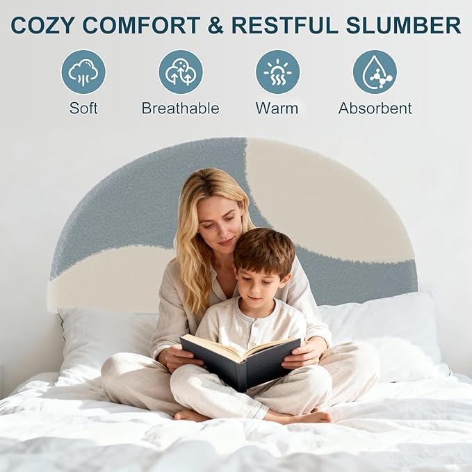 Garvee Twin Bed Frame with Upholstered Round Boucle Headboard, Arch-Shaped Design in Soft Blue and White, Modern Kids Bed with Wooden Slats, No Box Spring Required and Easy Assembly