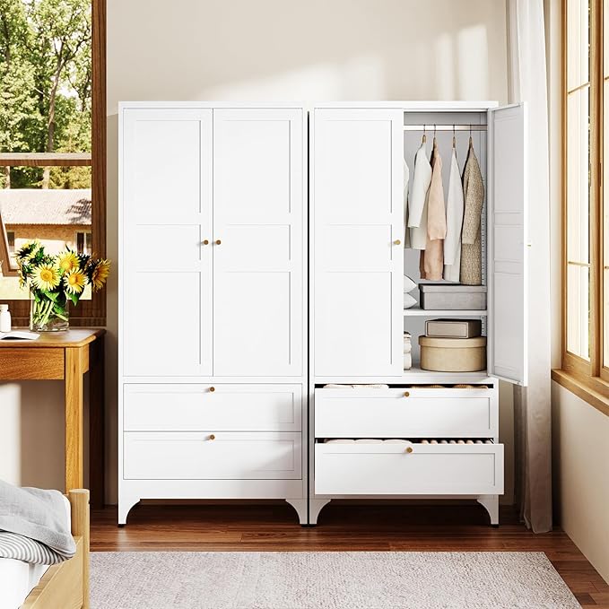 Letaya 71" Metal Wardrobe Cabinets with 2 Drawers,Steel Armoire Wardrobe Closet with Doors and Shelves,Clothing Storage Cabinets with Hanging Rod for Bedroom, Gym, Cloak Room,White