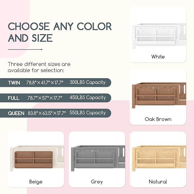 Bellemave Twin Floor Bed Frame with Fence & Bookshelf, Solid Pine Wood Twin Montessori Floor Bed with Slats Load 300LBS, Low Profile Floor Bed for Kids, Bedroom, Nursery, Easy Assembly, Grey