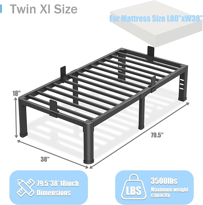 Yitong Angel 18 inch Twin XL Bed Frame with Rounded Corner Legs and Headboard Hole Mattress Slide Stopper 3500 LBS Heavy Duty Support Metal Platform,No Box Spring Needed, Noise Free,Easy Assembly