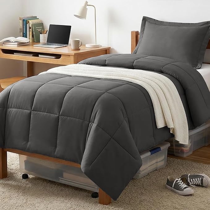 CozyLux Twin/Twin XL Comforter Set Dark Grey - 270GSM Box Stitched Bedding Set for College Dorm & Back to School, Lightweight All Season for Teen Boys, Girls, 2 Pcs with Comforter and Pillow Sham