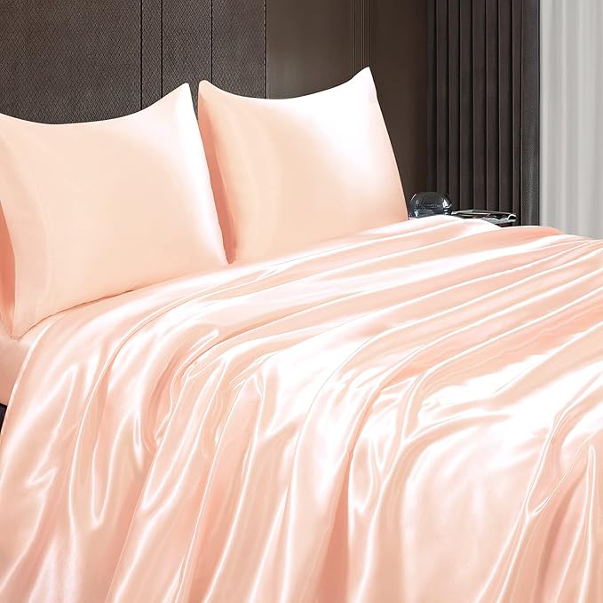 Homiest 4pcs Satin Sheets Set Luxury Silky Satin Bedding Set with Deep Pocket, 1 Fitted Sheet + 1 Flat Sheet + 2 Pillowcases (King Size, Champagne)