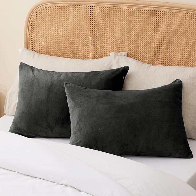 BEDELITE Flannel Pillow Cases Queen Size Set of 2, Super Soft Fleece Pillowcases with Zipper for Bedroom, Sofa, Couch,Luxury Cozy Velvet Pillow Shams for All Seasons(20x30 Inches,Dark Gray)