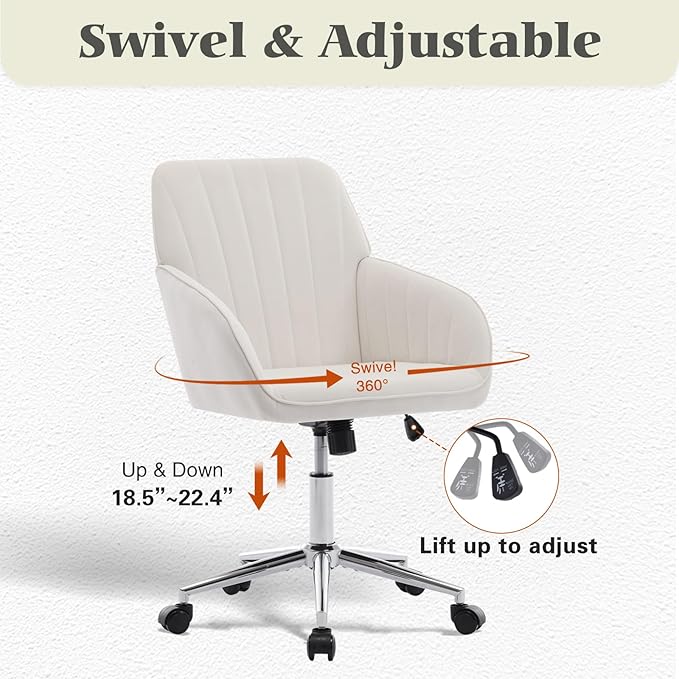 Velvet Vanity Chair with Wheels, Height Adjustable Swivel Makeup Chair, Armless Small Desk Chair for Bedroom/Office/Vanity Table, 250 lbs Capacity (Velvet, White-3)