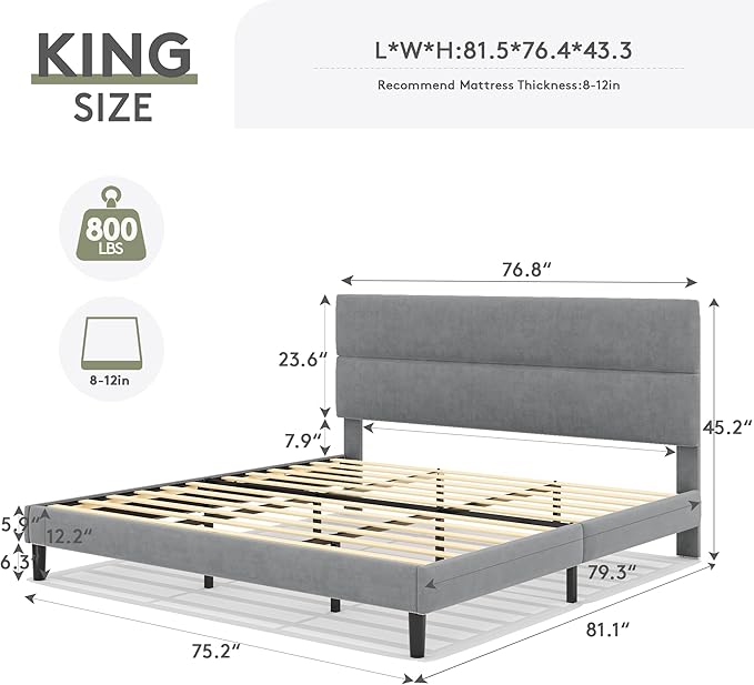 GRUSIGN King Size Platform Bed Frame with Velvet Headboard, Adjustable Height Wooden Slats Support, Upholstered Mattress Foundation, Fits Mattress or Mattress with Box Spring, Easy Assembly, Grey