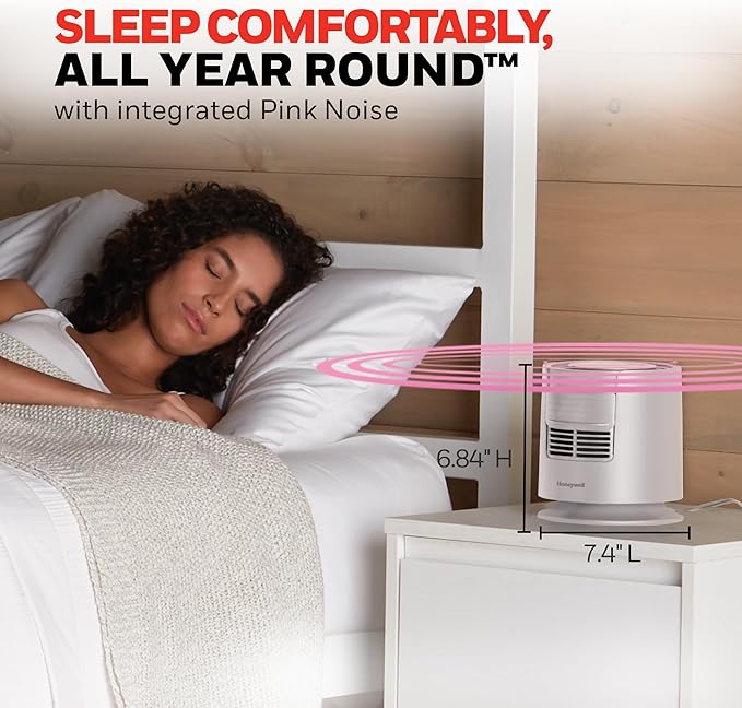 Honeywell QuietSet™ Personal Sleep Fan Noise Machine with Pink Noise, 3 Speeds, Adjustable Head, Nightstand and Bedside Fan, White, HTF300W