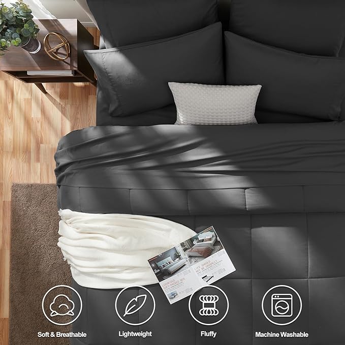 CozyLux Twin Comforter Set with Sheets Dark Grey, 5 Pieces Bed in a Bag, Dark Gray Comforter Twin Size, All Season Bedding Set with Stitch Quilted Comforter, Flat Sheet, Fitted Sheet, Pillowcases