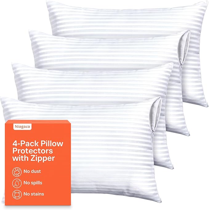 Ultra Soft Pillow Protectors with Zipper King Size - Set of 4 Breathable Pillow Covers - 100% Protection Against Stains, Dust & Dirt - Machine Washable (Dark White)