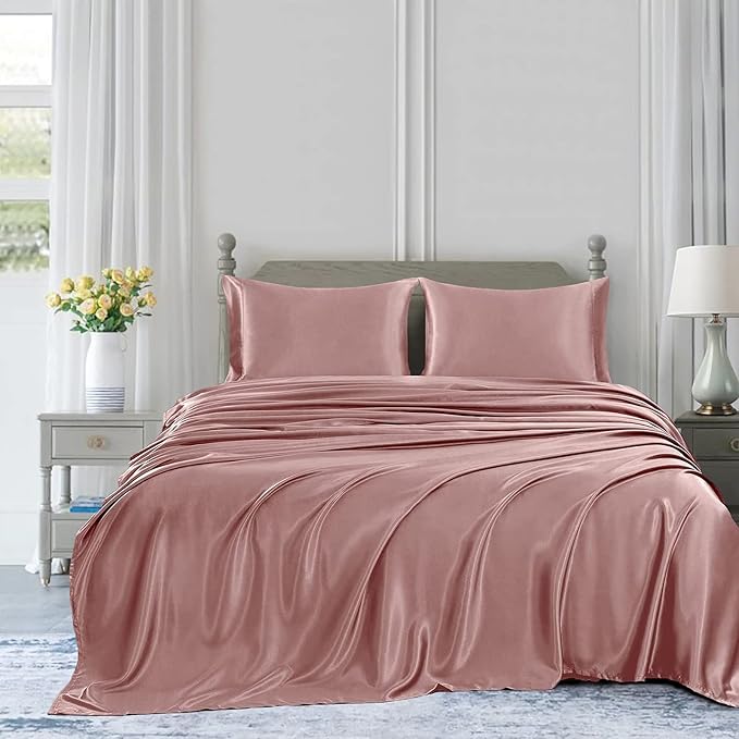 Homiest 4pcs Satin Sheets Set Luxury Silky Satin Bedding Set with Deep Pocket, 1 Fitted Sheet + 1 Flat Sheet + 2 Pillowcases (Queen Size, Rich Pink)