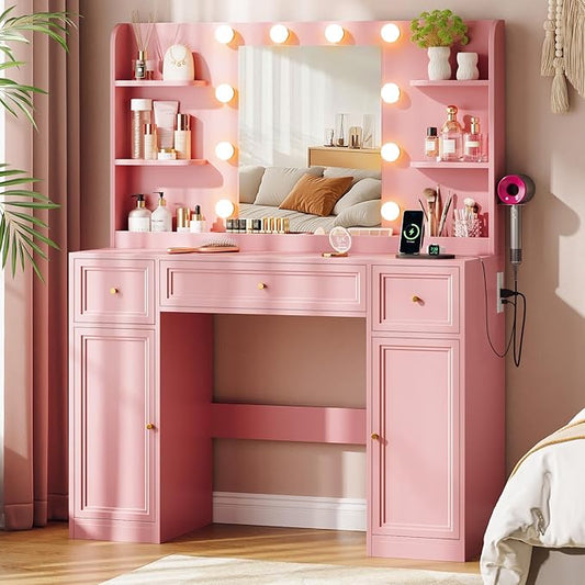 Large Vanity Desk with Mirror and Lights, Makeup Vanity with Power Outlets, 3 Drawers and 2 Large Cabinets, 3 Lighting Modes Adjustable Brightness, Dressing Table for Women Girls, Pink