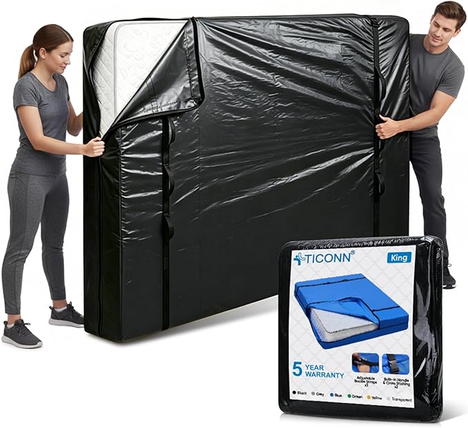 TICONN Mattress Bags for Moving, Heavy Duty King Mattress Cover Storage Bag with Full-Around Handle and Adjustable Buckles (Black, King)