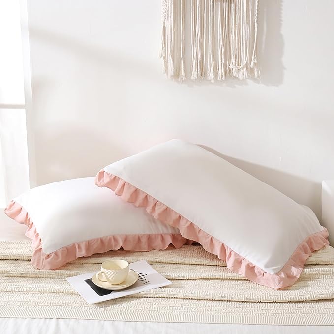 Merryword Pink Pillow Shams White and Pink Reversible Standard Pillowcases Cute Pillow Cover Set of 2 Soft Shabby Chic Ruffled Pillowcases 2 Pack (Queen (20''x30''), White Pink)