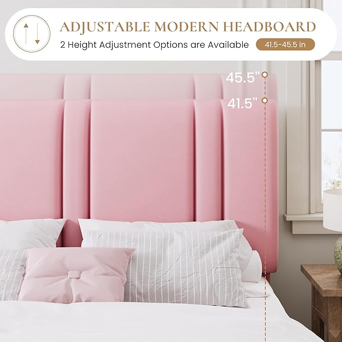 SHA CERLIN King Size Platform Bed Frame, Velvet Upholstered Bed with Adjustable Headboard, Vertical Channel Tufted Design, Sturdy Wood Slat Support, No Box Spring Needed, Easy Assembly, Pink