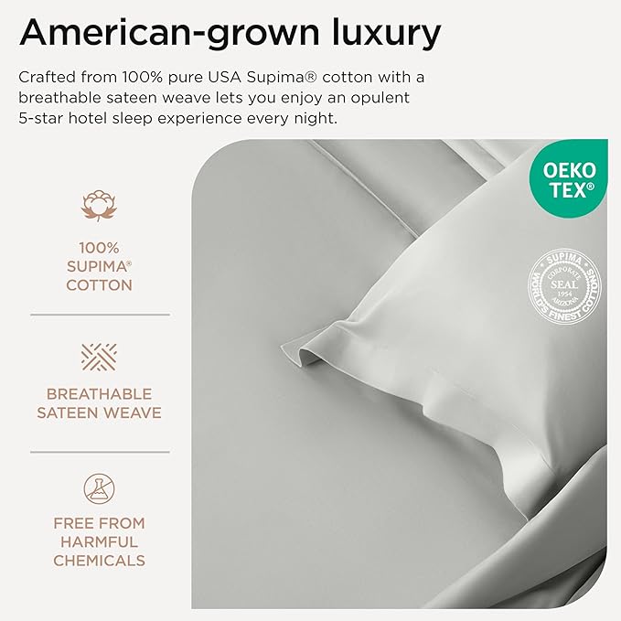 Threadmill Luxury Pillow Cases Queen | Standard Size Set of 2 | 1200 Thread Count 100% USA Supima Cotton | Soft Solid Sateen, Breathable Pillow Covers Fits Queen Pillows | Light Grey