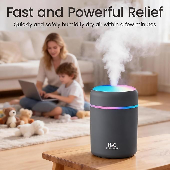 Portable Colorful Cool Mini Humidifier,Aroma Essential USB Personal Desktop Humidifier,. Perfect for Bedroom, Office & Car(300ml, White) (grey)
