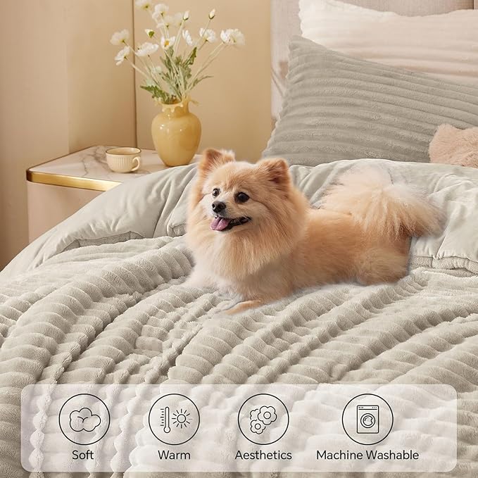 BEDELITE Fleece Full Comforter Set -Super Soft & Warm Fluffy Linen Bedding, Luxury Fuzzy Heavy Bed Set for Winter with 2 Pillow Cases