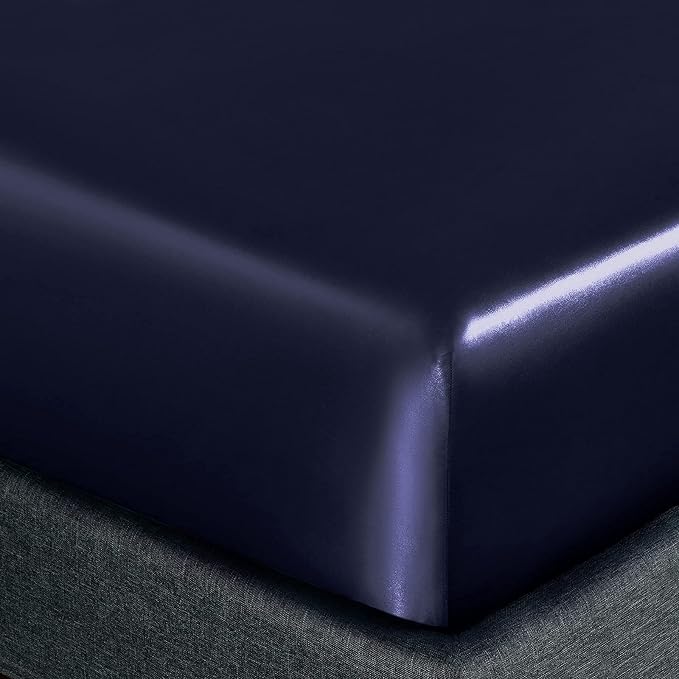 Homiest 4pcs Satin Sheets Set Luxury Silky Satin Bedding Set with Deep Pocket, 1 Fitted Sheet + 1 Flat Sheet + 2 Pillowcases (King Size, Navy Blue)