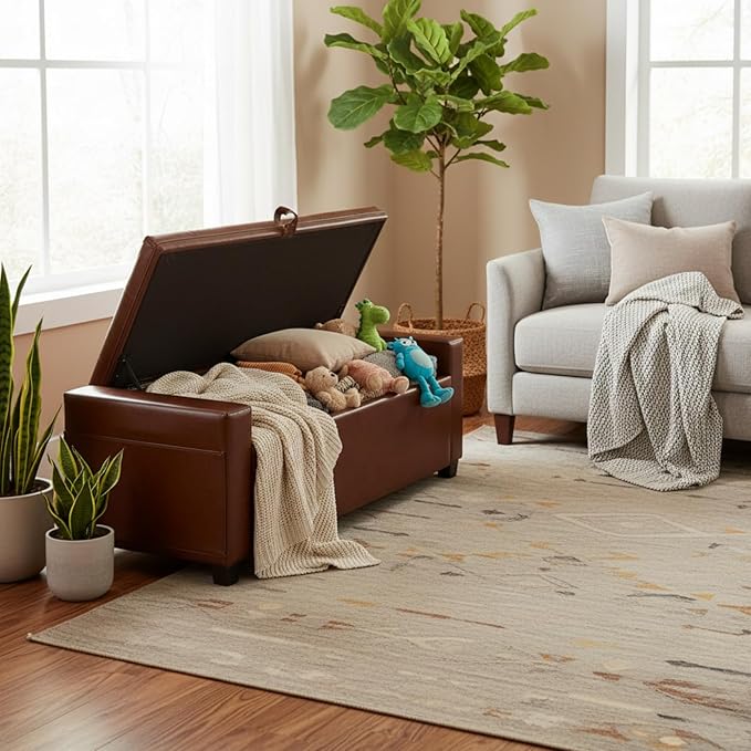 43.31'' Storage Ottoman Bench, Leather Upholstered Tufted Bedroom Bench with Storage, End of Bed Storage Bench for Living Room & Entryway, 350 lb Capacity, Leather Brown