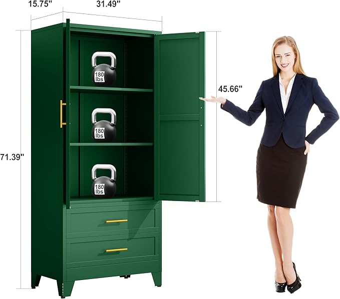 erosoei 71" H Metal Pantry Storage Cabinet,Office File Cabinets with 2 Drawers and Shelves, Kitchen Cupboard Storage Cabinet for Bedroom and Dinning Room（Green）
