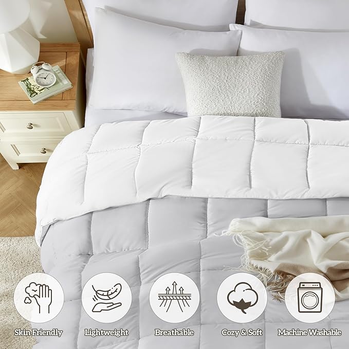 Homelike Moment Twin Comforter Duvet Insert - Grey Down Alternative Bed Comforter Twin Size, Lightweight Bedding Comforters Quilted Soft All Season Reversible White/Light Gray
