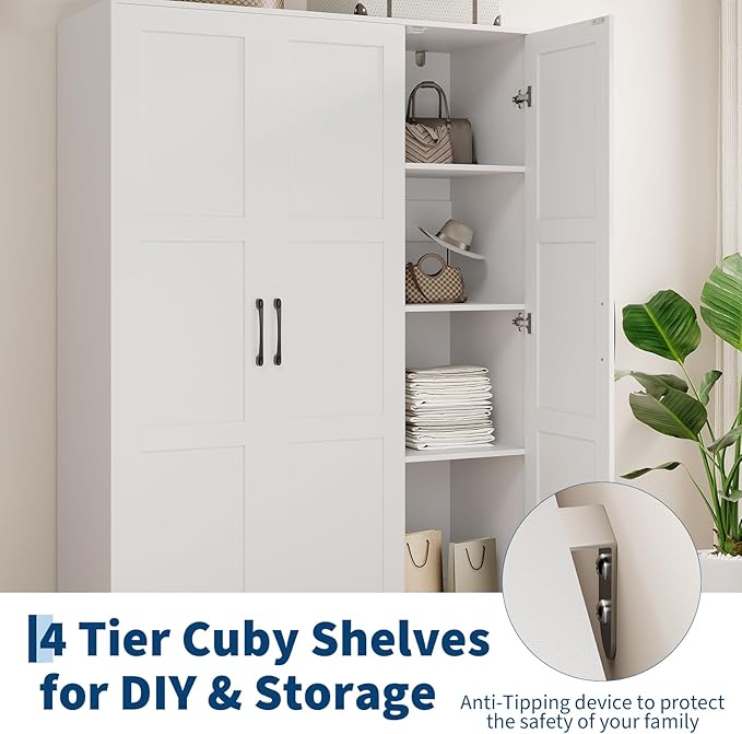 Garvee 3 Doors Wooden Wardrobe Closet, Morden Wardrobe Armoire with Doors and Shelves, Standing Closet Cabinet for Hanging Clothes, Large Capacity Storage Cabinet for Bedroom, White