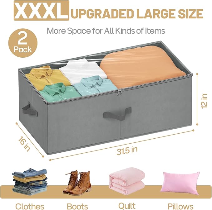 Large Under Bed Storage Containers, 12 inch Tall Underbed Storage Bins with Clear Lids, Deep Under Dorm Bed Storage Drawers Organizer for Shoes, Clothes, Blankets (2 Pack, Grey, 31.5"x16"x12")